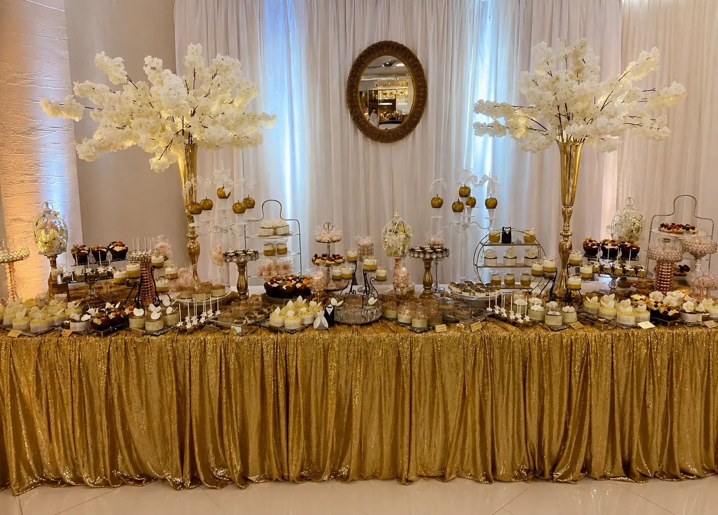 Dessert-Tafel in Gold und Weiß mit Kirschblütenbäumen, goldenen Äpfeln und Mini-Törtchen