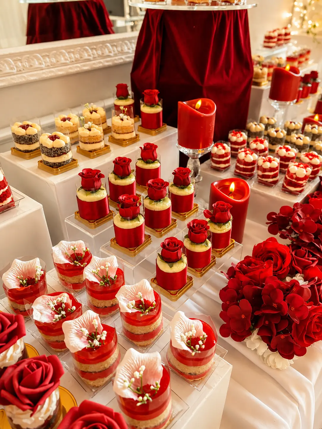 Desserttafel in Rot und Gold mit roten Rosentörtchen, Kerzen und Red-Velvet-Desserts