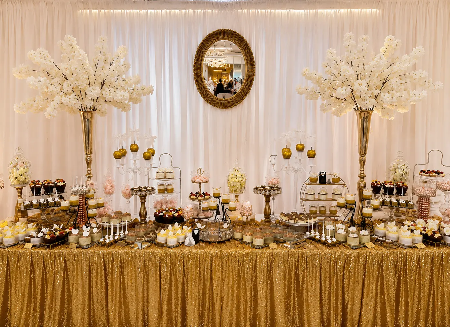 Goldene Desserttafel mit weißen Blütenbäumen, Spiegel und reich bestückten Etageren