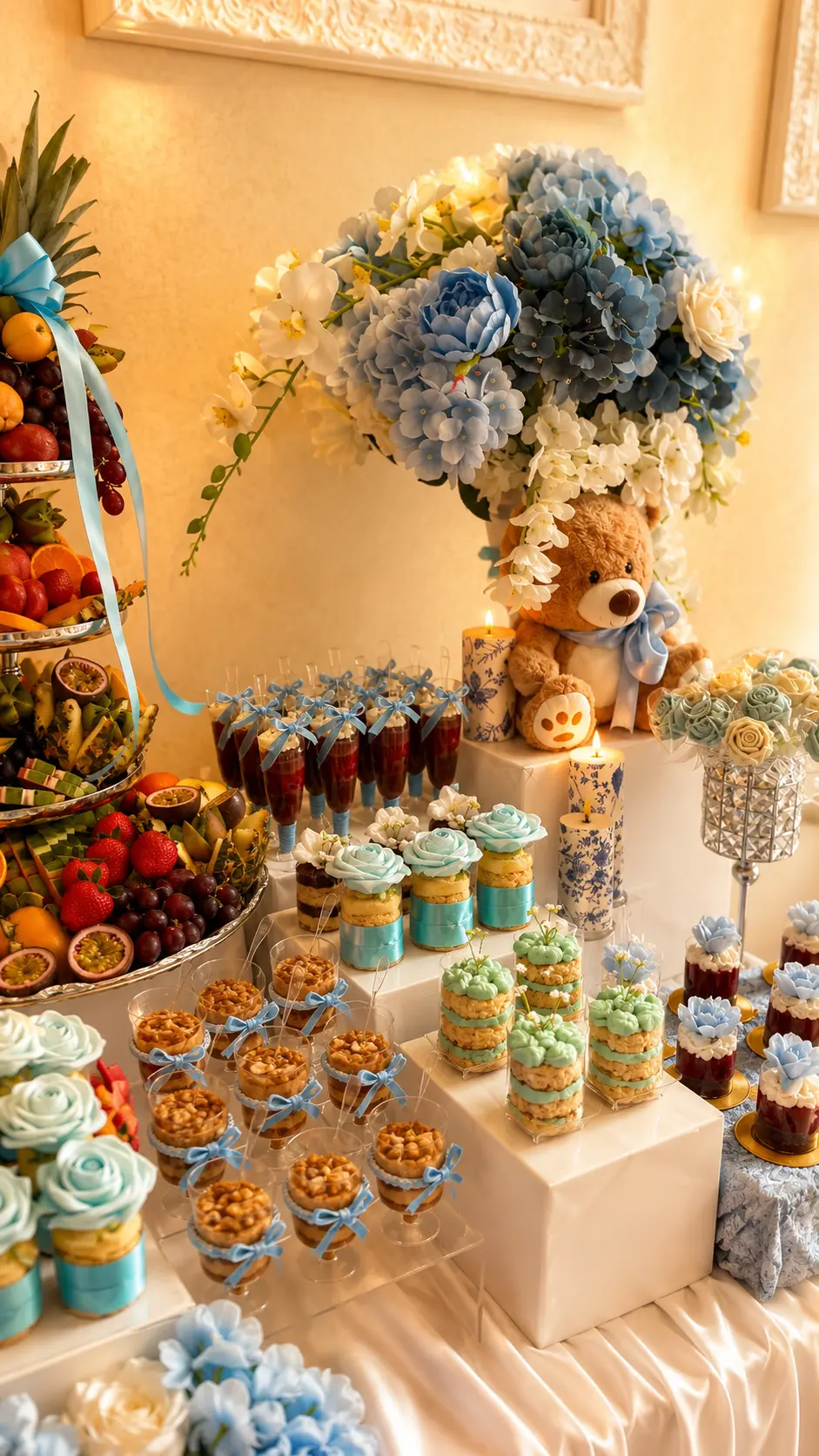 Dessert-Tafel in Babyblau mit Teddybär, blauen Blumen, Obstetagere und pastellfarbenen Törtchen