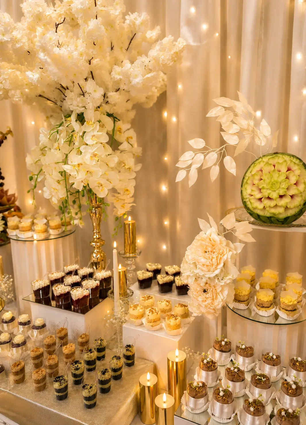 Goldener süßer Tisch mit weißen Orchideen, Kirschblütenbaum, Dessertgläsern und geschnitzter Melone