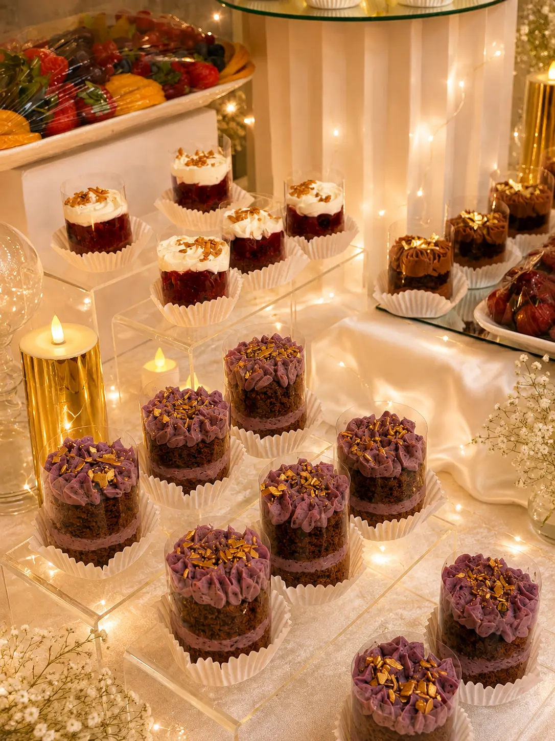 Elegante Desserttafel mit Mini-Törtchen, Beerendesserts und Lichterketten in Creme und Gold