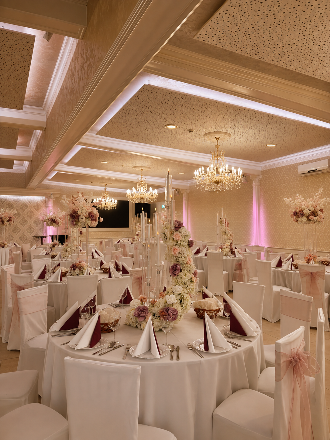 Eleganter Hochzeitssaal mit gedeckten runden Tischen, hohen Blumenarrangements und Kristalllüstern