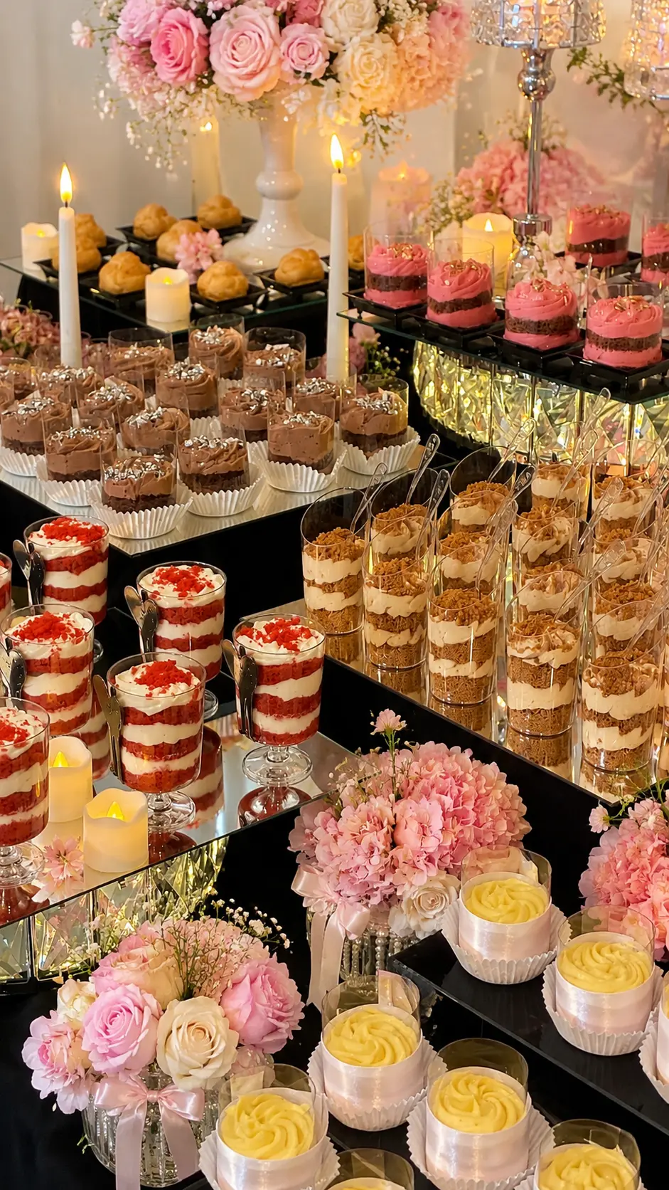 Dessert-Tafel mit rosa Rosenarrangements, Mini-Törtchen, Dessertgläsern und Kerzenschein