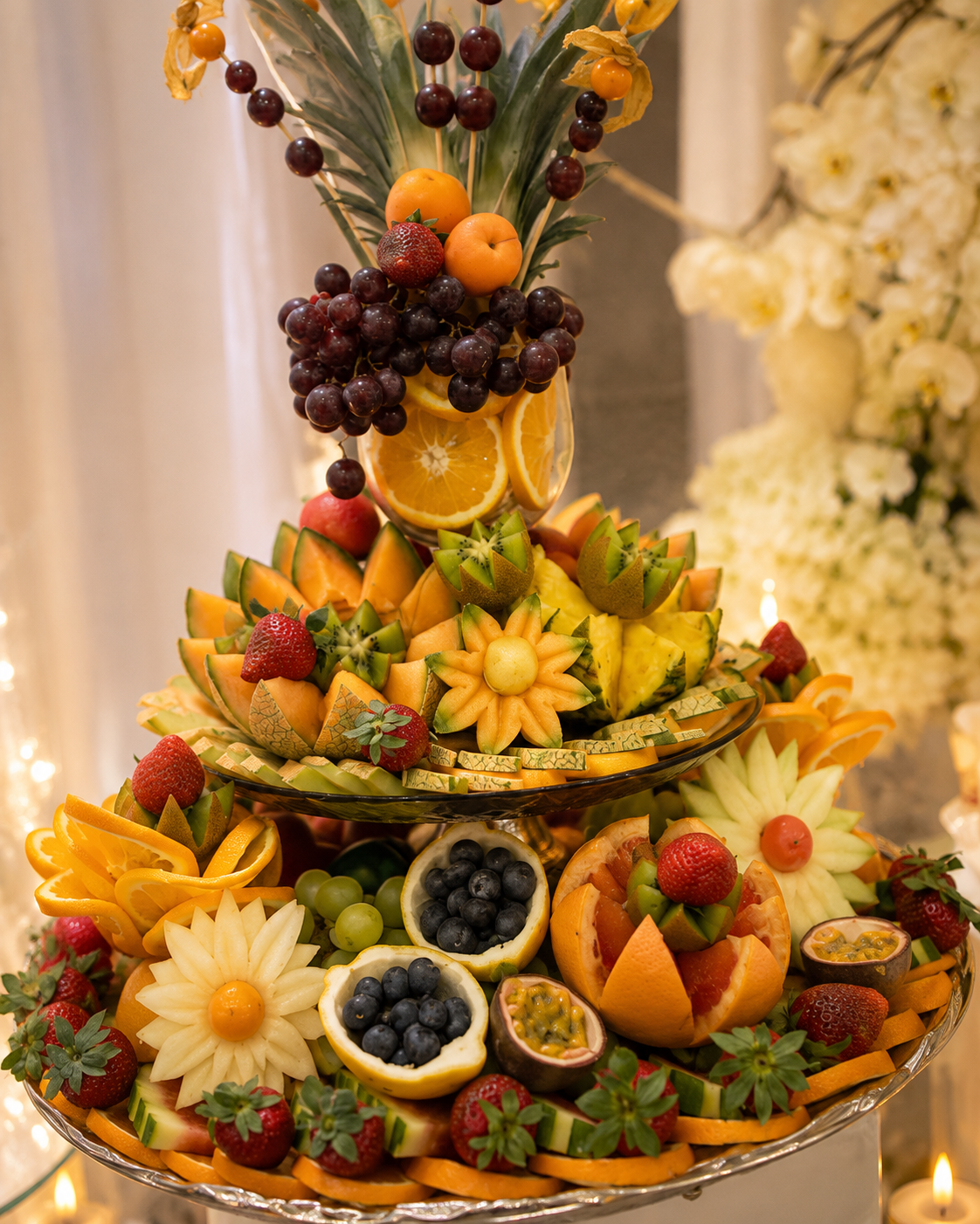 Prunkvolles Früchtebuffet mit Obstkunst, Beeren und Blütenschnitzereien