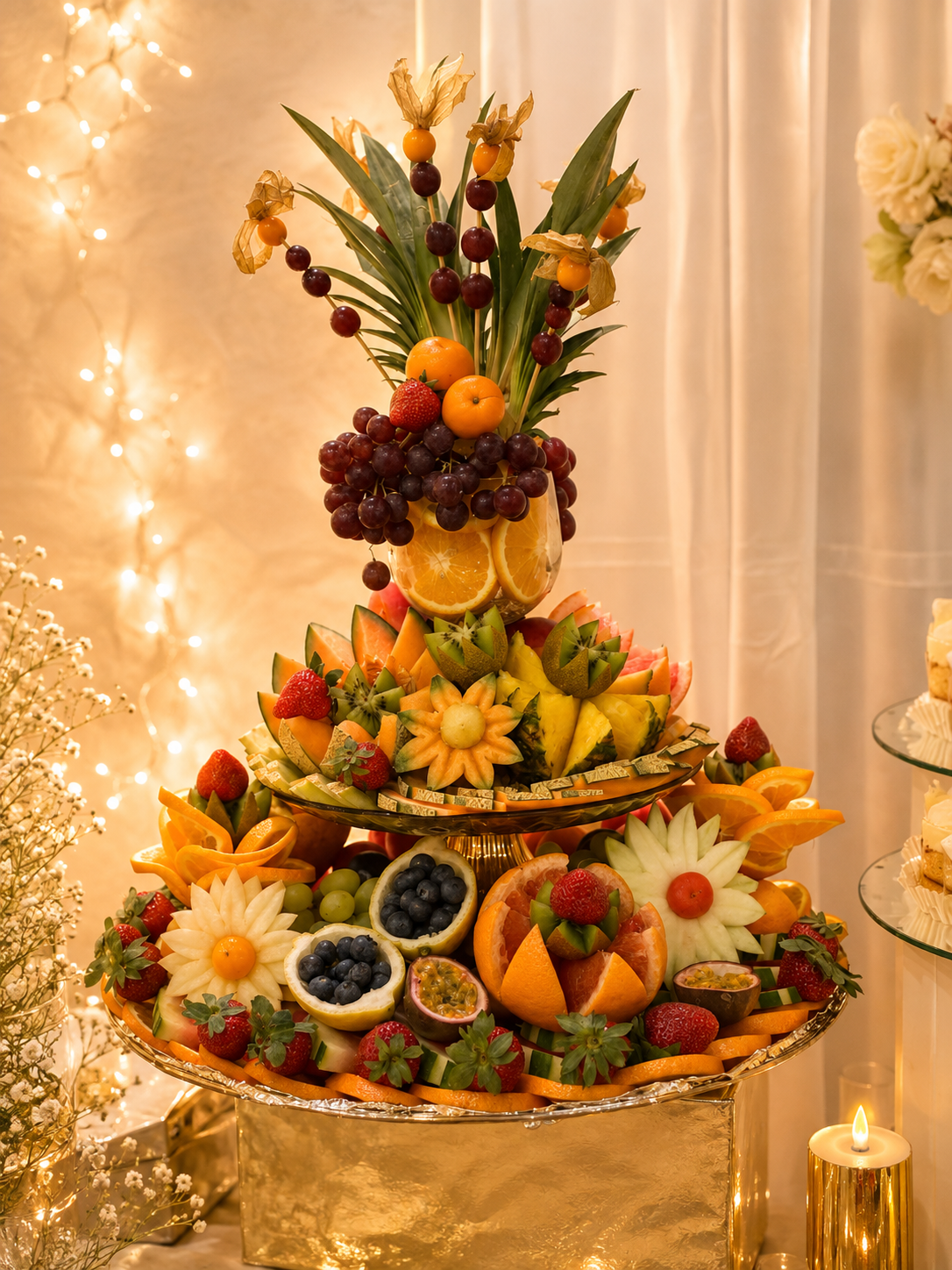 Festliche Obstpyramide mit kunstvoll geschnittenen Früchten, Beeren und Lichterglanz