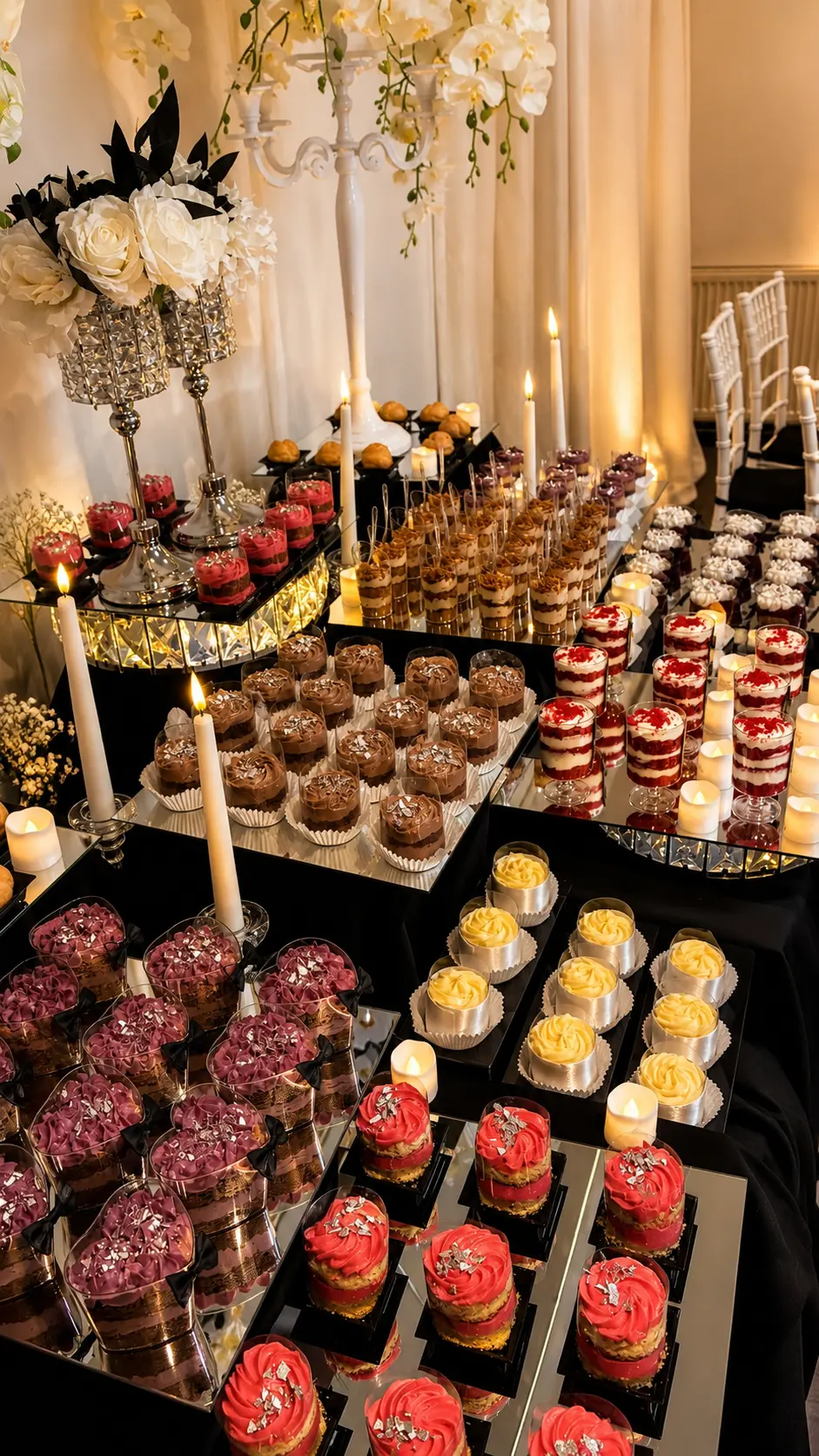 Dessertbuffet im Kerzenschein mit weißen Rosen, Schokoladentörtchen und Spiegelplatten