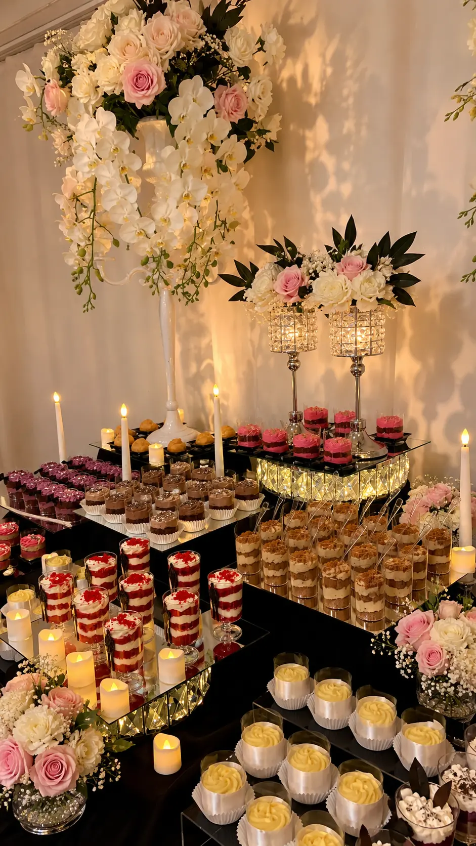 Luxuriöse Desserttafel im Kerzenschein mit rosa Rosen, Orchideen und Dessertgläsern
