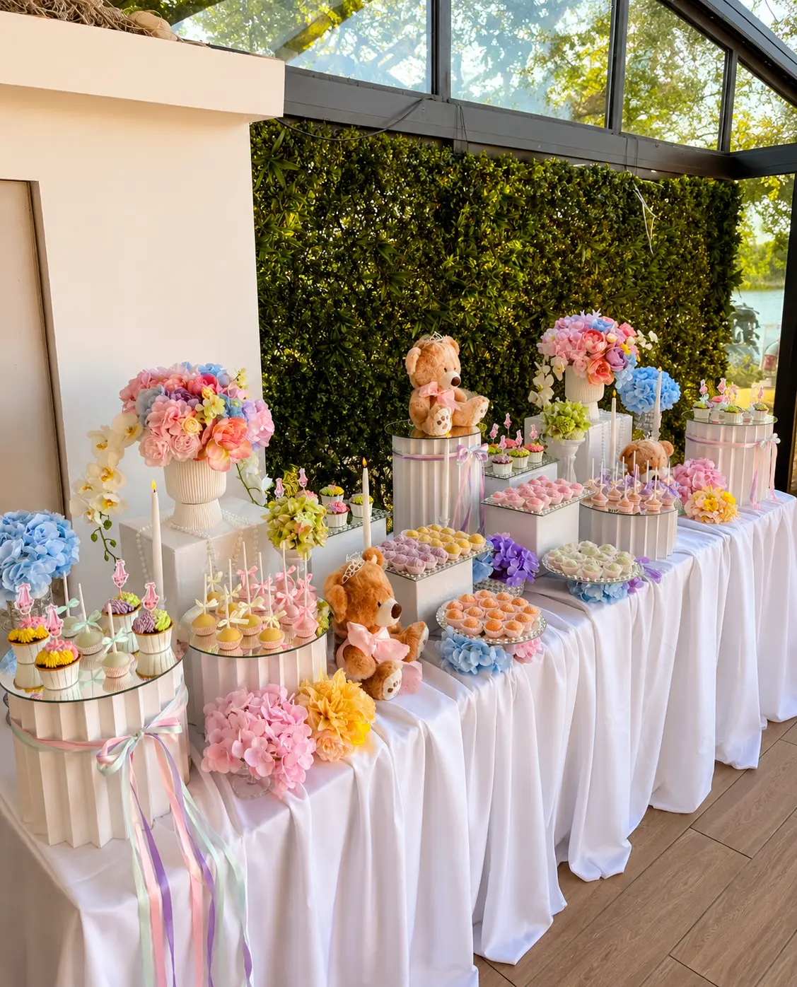 Pastellfarbene Candy-Bar mit Blumen, Teddybären und bunten Törtchen vor Grünwand