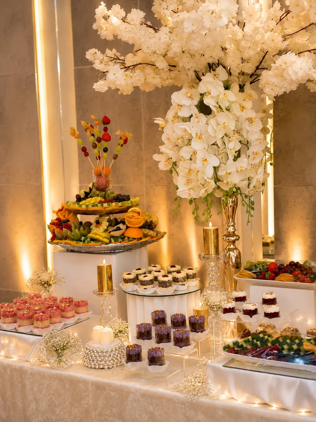 Desserttafel mit weißen Orchideen, Kirschblüten, Obstplatten und feinen Mini-Törtchen
